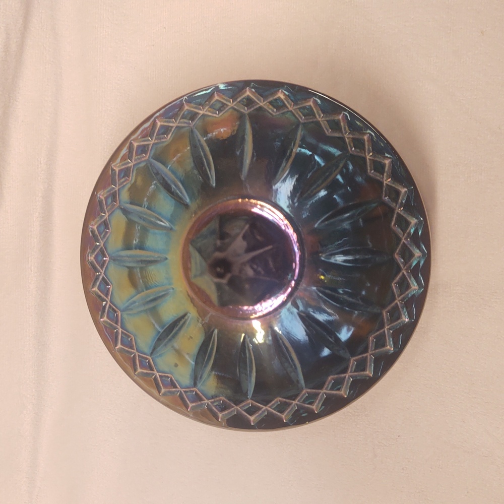 Vintage Candy Dish With Lid Iridescent Blue Rainbow Carnival Glass 1960s EUC - Picture 2 of 12